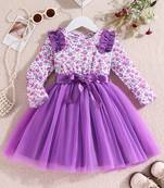 Purple floral printed net fit & flare party dress for girls