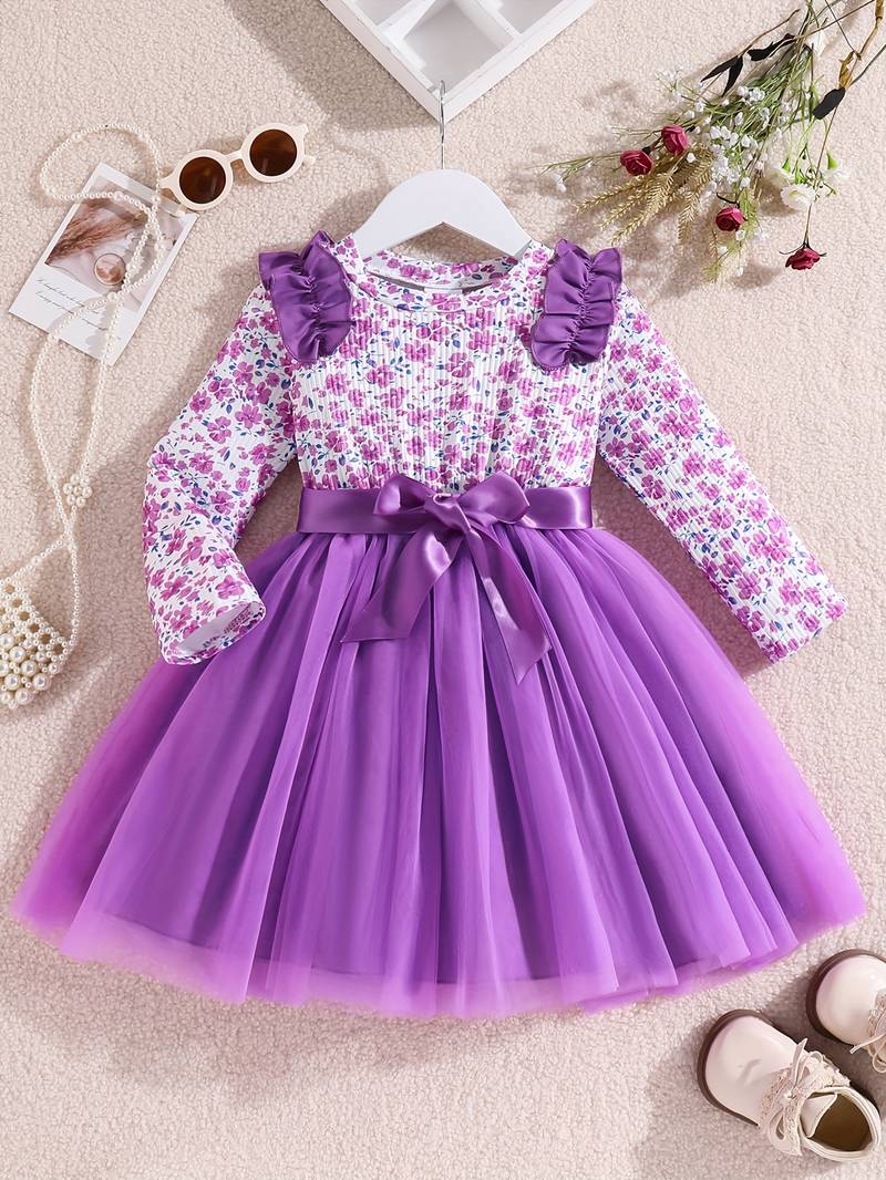 Purple floral printed net fit & flare party dress for girls