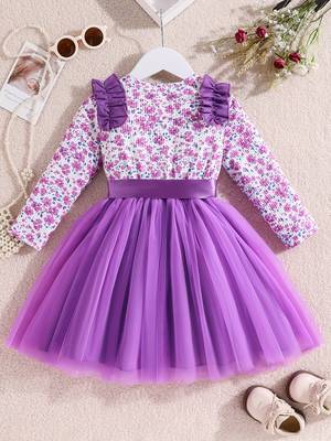 Purple floral printed net fit & flare party dress for girls 2