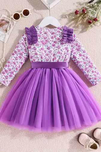 Purple floral printed net fit & flare party dress for girls