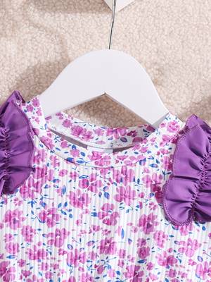 Purple floral printed net fit & flare party dress for girls 3