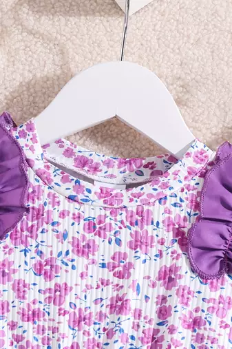 Purple floral printed net fit & flare party dress for girls