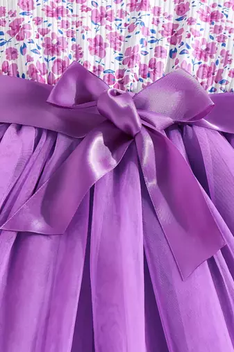 Purple floral printed net fit & flare party dress for girls