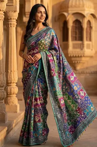 Roman Silk With ajarakh And Real Mirror Work Saree With Blouse Set For Women's