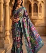 Roman Silk With ajarakh And Real Mirror Work Saree With Blouse Set For Women's