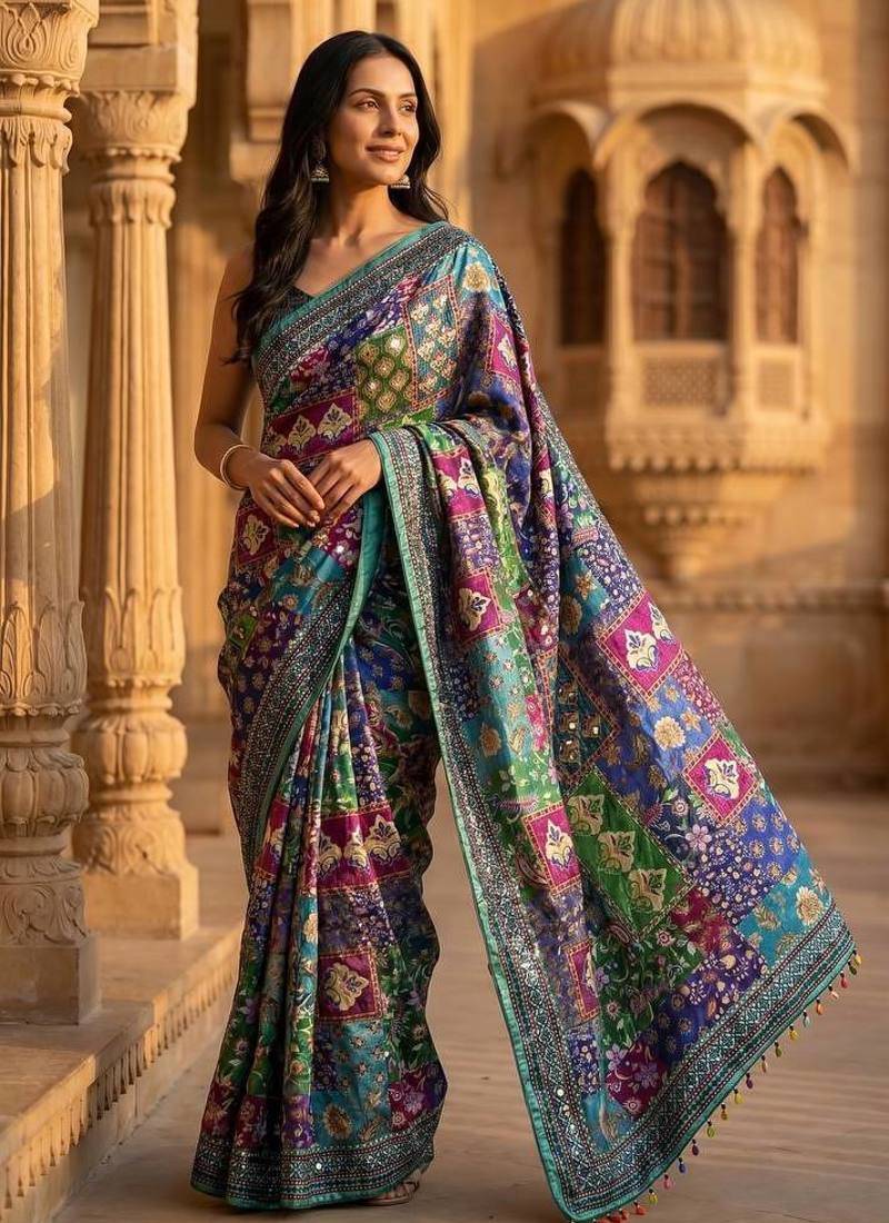 Roman Silk With ajarakh And Real Mirror Work Saree With Blouse Set For Women's