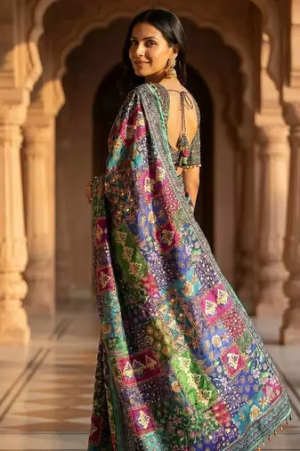 Roman Silk With ajarakh And Real Mirror Work Saree With Blouse Set For Women's