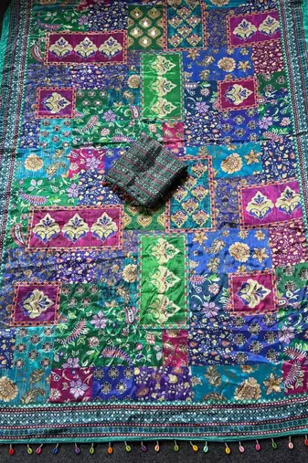 Roman Silk With ajarakh And Real Mirror Work Saree With Blouse Set For Women's