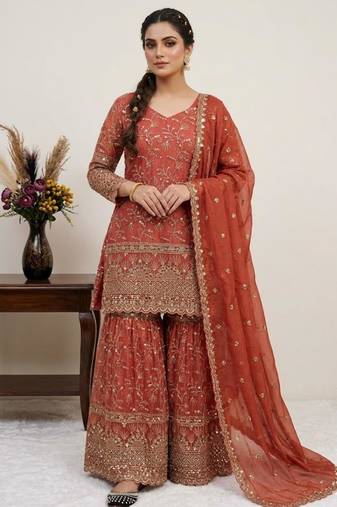 red embroidered sharara set