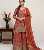 red embroidered sharara set