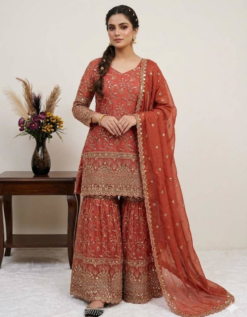 red embroidered sharara set