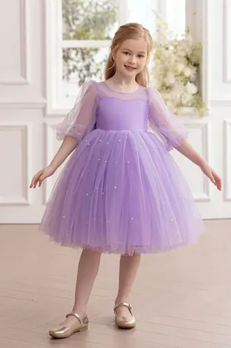 Purple pearl embellished net fit & flare party dress for girls