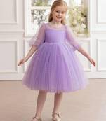 Purple pearl embellished net fit & flare party dress for girls