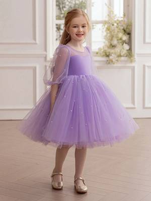 Purple pearl embellished net fit & flare party dress for girls 2
