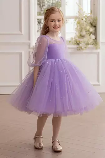 Purple pearl embellished net fit & flare party dress for girls