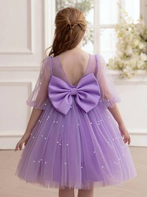 Purple pearl embellished net fit & flare party dress for girls 3