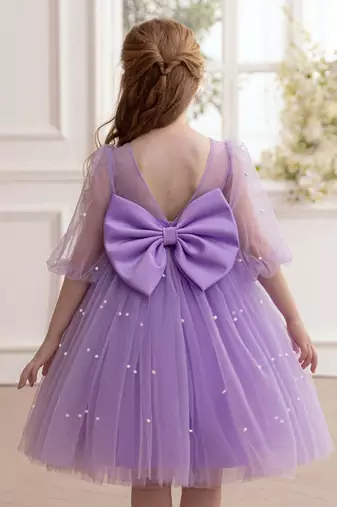 Purple pearl embellished net fit & flare party dress for girls