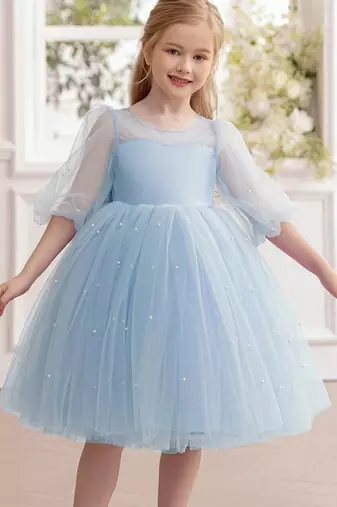Blue pearl embellished net fit & flare party dress for girls