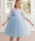 Blue pearl embellished net fit & flare party dress for girls