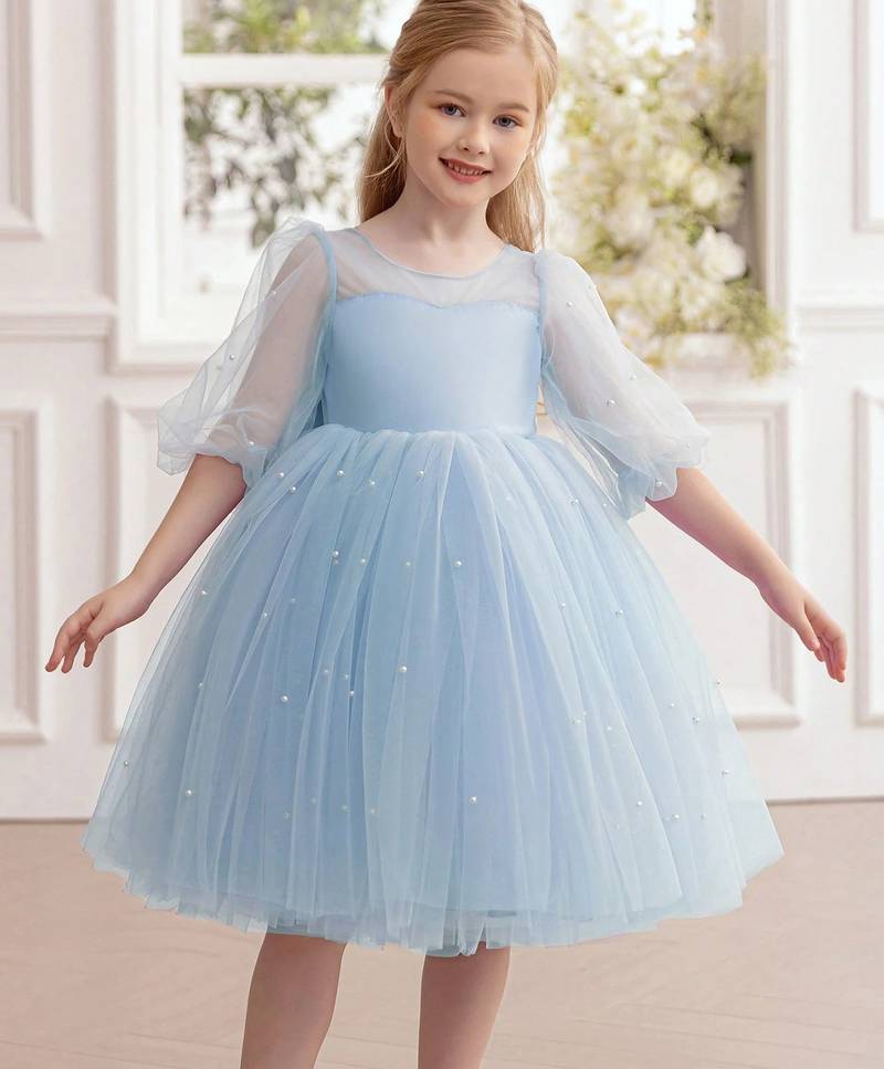 Blue pearl embellished net fit & flare party dress for girls