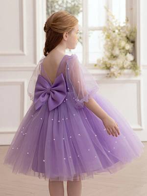 Purple pearl embellished net fit & flare party dress for girls 4