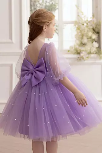 Purple pearl embellished net fit & flare party dress for girls