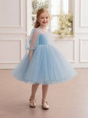 Blue pearl embellished net fit & flare party dress for girls 2