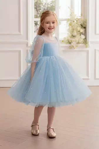 Blue pearl embellished net fit & flare party dress for girls