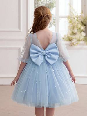 Blue pearl embellished net fit & flare party dress for girls 3