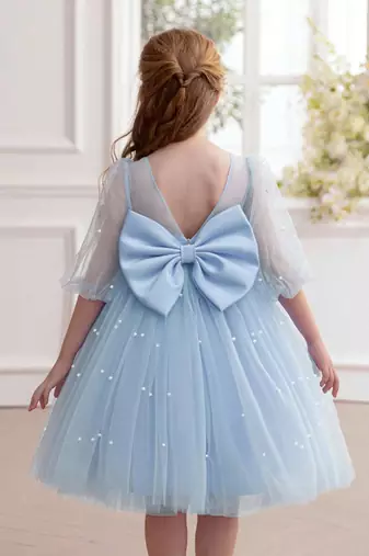 Blue pearl embellished net fit & flare party dress for girls