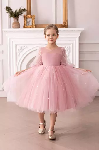 Pink pearl embellished net fit & flare party dress for girls
