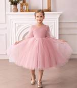 Pink pearl embellished net fit & flare party dress for girls