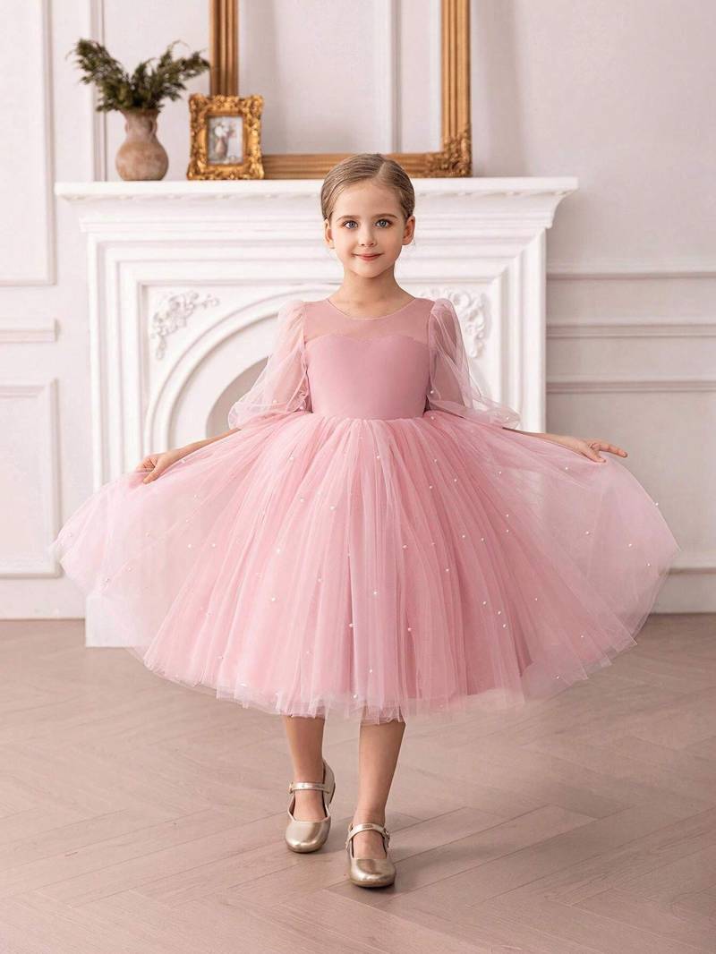 Pink pearl embellished net fit & flare party dress for girls