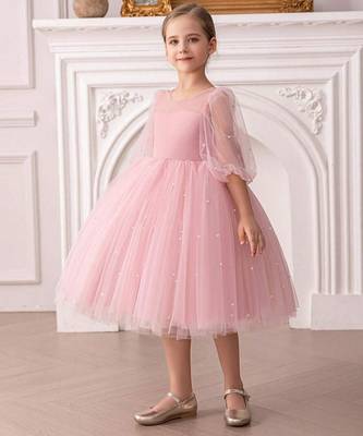 Pink pearl embellished net fit & flare party dress for girls 2