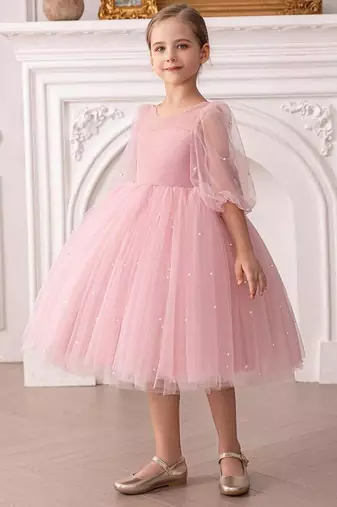 Pink pearl embellished net fit & flare party dress for girls