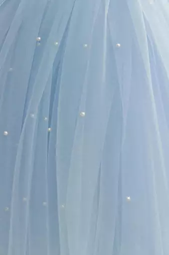 Blue pearl embellished net fit & flare party dress for girls