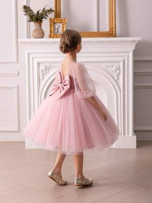 Pink pearl embellished net fit & flare party dress for girls 3