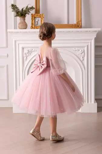 Pink pearl embellished net fit & flare party dress for girls