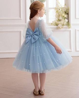 Blue pearl embellished net fit & flare party dress for girls 5