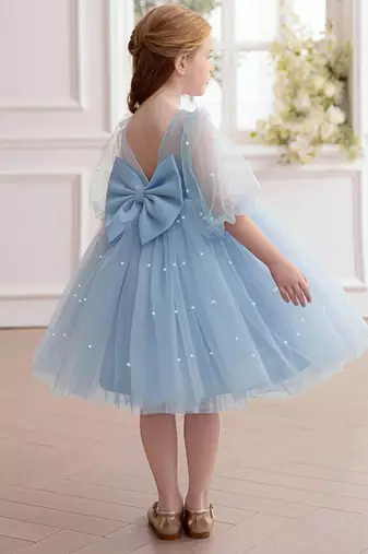 Blue pearl embellished net fit & flare party dress for girls