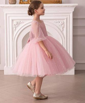 Pink pearl embellished net fit & flare party dress for girls 4