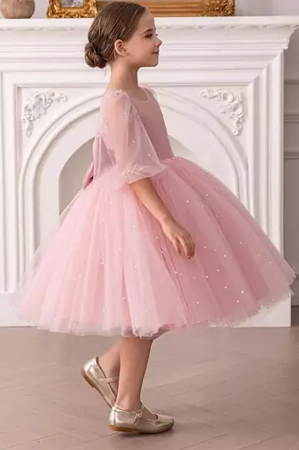 Pink pearl embellished net fit & flare party dress for girls