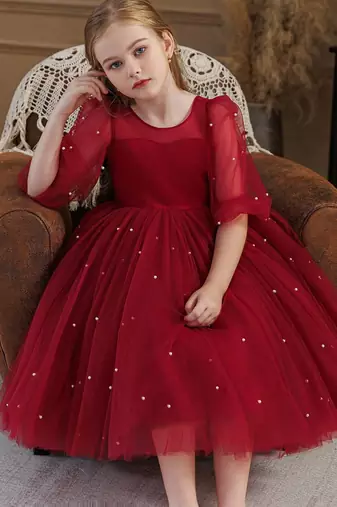 Red pearl embellished net fit & flare party dress for girls