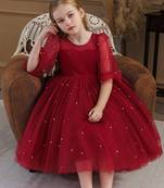 Red pearl embellished net fit & flare party dress for girls