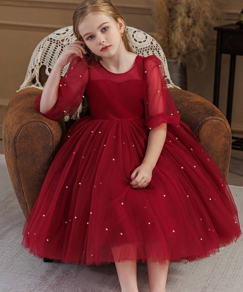 Red pearl embellished net fit & flare party dress for girls