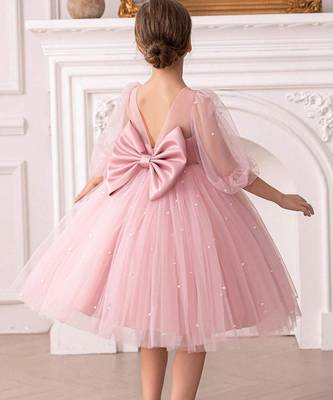 Pink pearl embellished net fit & flare party dress for girls 5