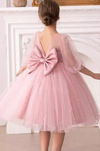 Pink pearl embellished net fit & flare party dress for girls