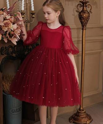 Red pearl embellished net fit & flare party dress for girls 2