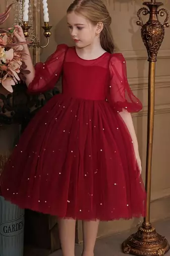 Red pearl embellished net fit & flare party dress for girls