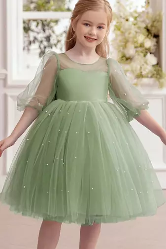Green pearl embellished net fit & flare party dress for girls